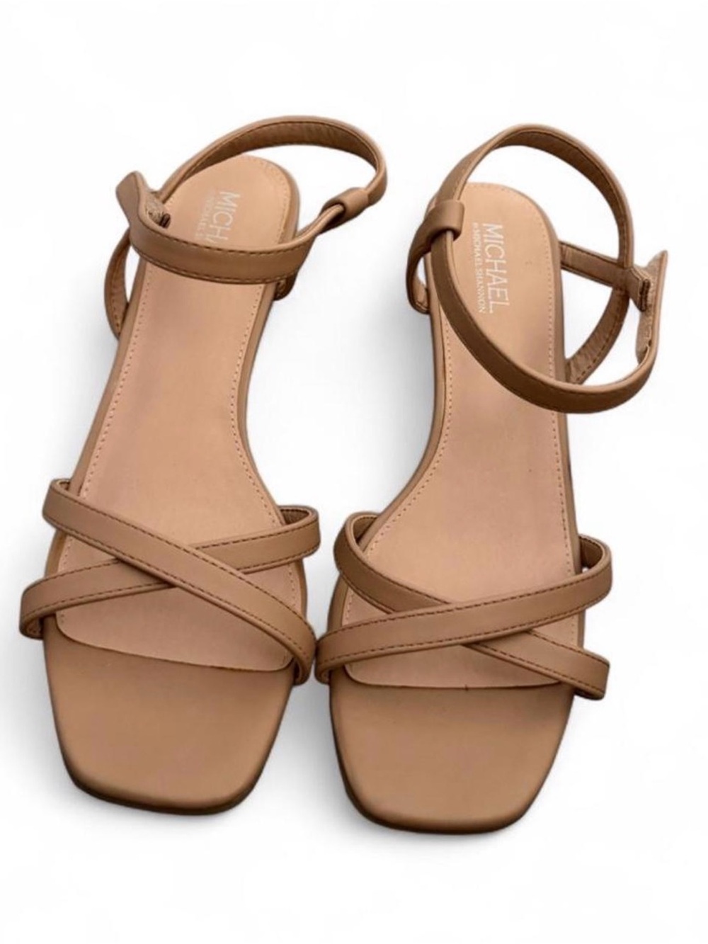 Michael Shannon Tan Strappy Square-Toe Ankle Strap Sandals